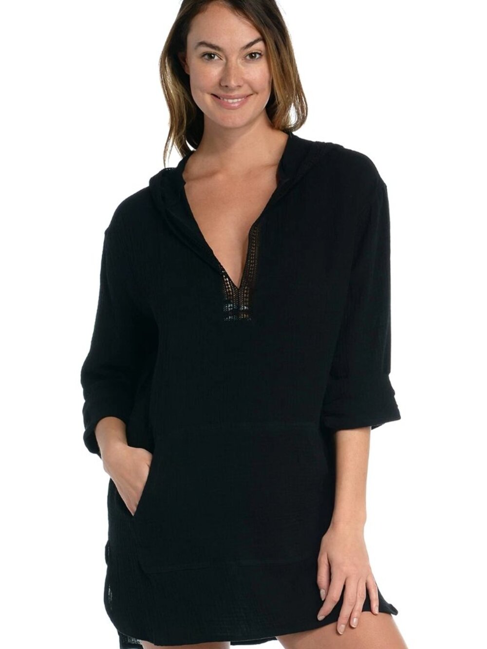 La Blanca Womens Seaside Hoodie Cover Up Tunic in Black Size L - Picture 3 of 14